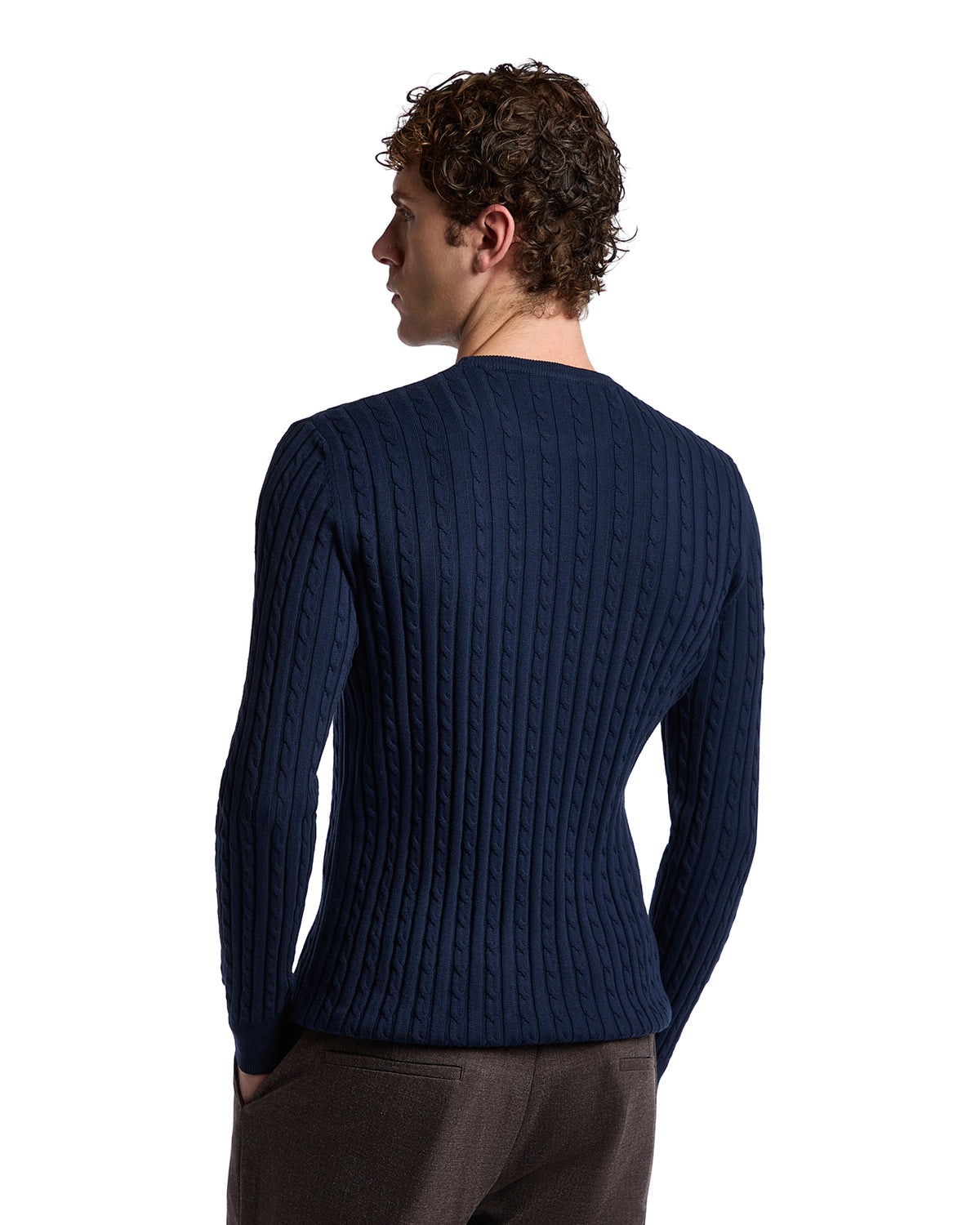 Navy blue cable knit sweater for men, made of soft cotton, featuring a slim fit and textured design.