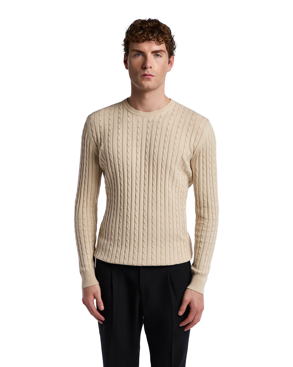 Men's beige ribbed knit sweater, featuring a classic crew neck and textured cable pattern, perfect for casual styling.