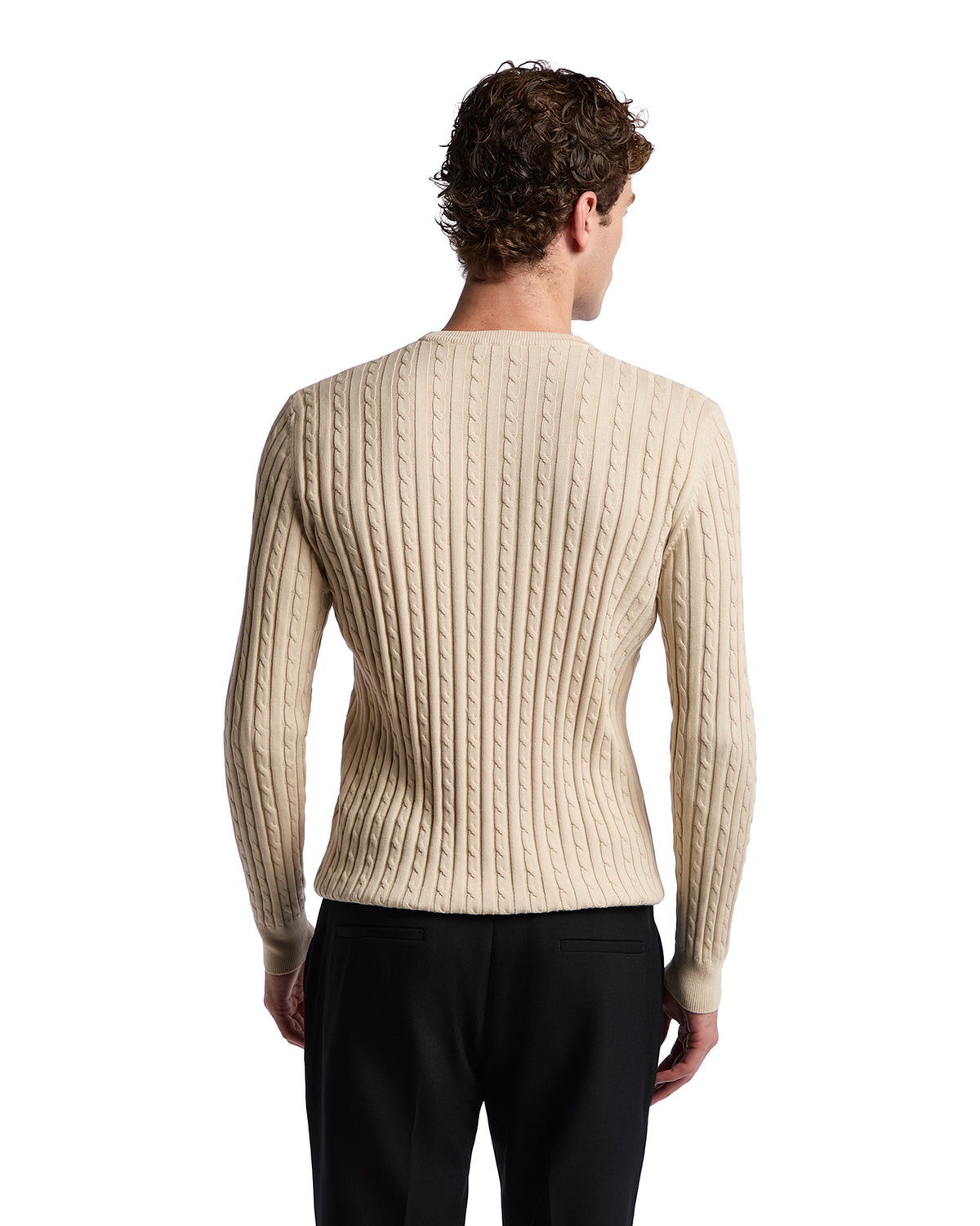 Beige ribbed cable knit sweater for men, featuring long sleeves and a fitted silhouette, perfect for a stylish look.