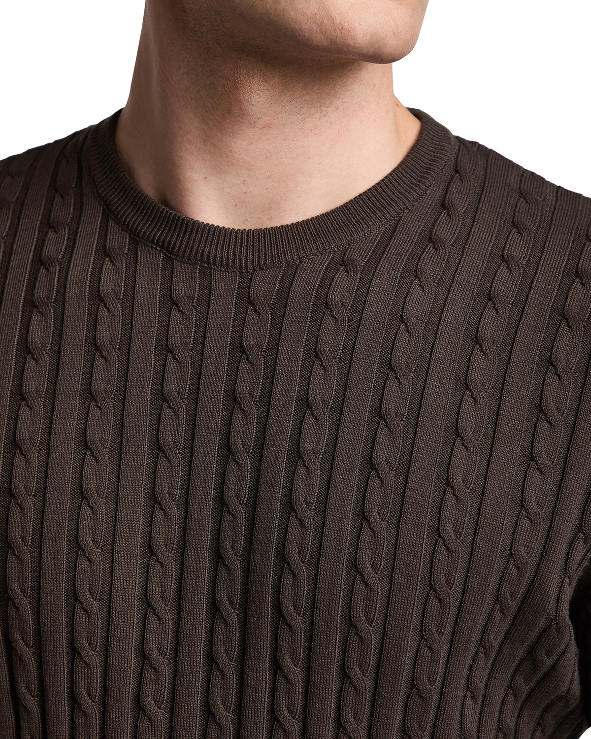 Brown cable knit sweater for men, made from soft cotton, featuring a classic crew neck design.