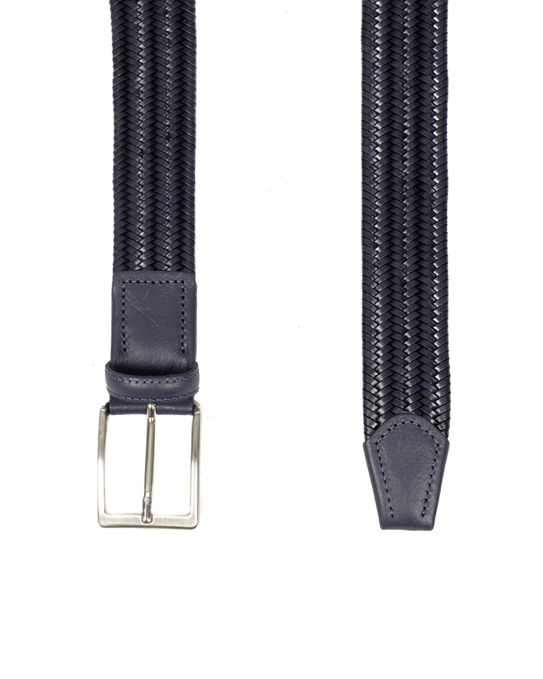 Navy blue braided elastic belt with leather ends and silver rectangular buckle, stretch woven fabric design