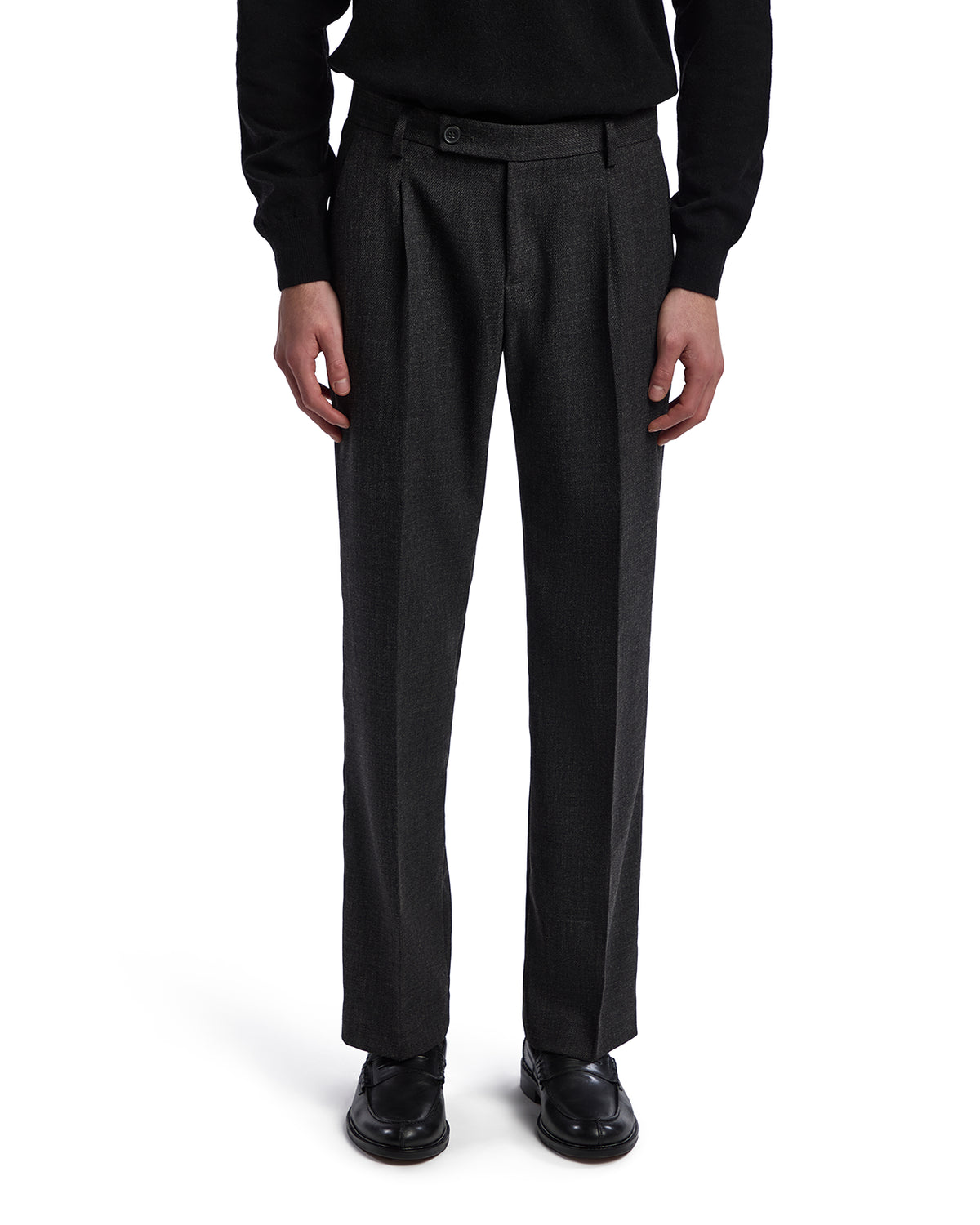 Men's tailored gray dress pants in wool blend, featuring a classic fit and pleated front design. Perfect for formal occasions.