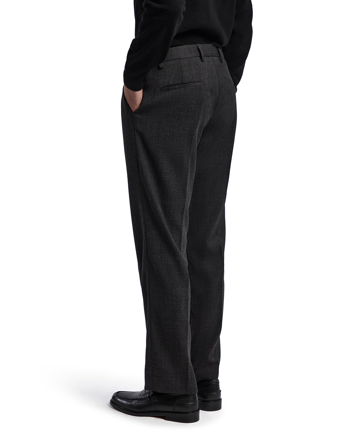 Men's charcoal grey wool blend trousers with a tailored fit and flat front, perfect for formal occasions.