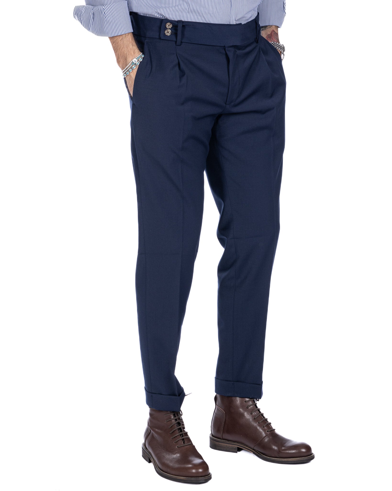Italiano - pantalón azul de talle alto en mezcla de lana