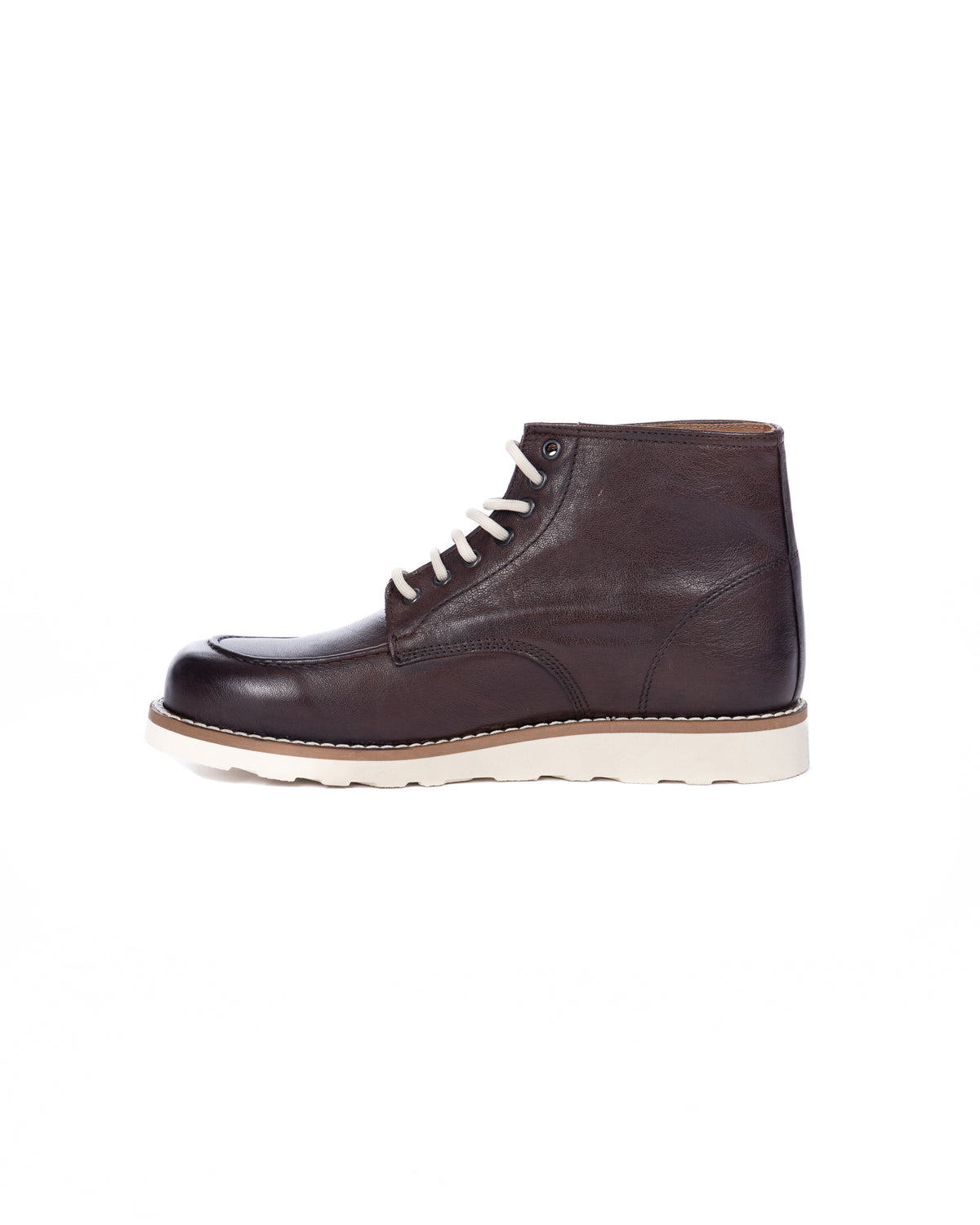 Dark brown leather lace-up ankle boot with white sole, moc toe detail, and cream laces.