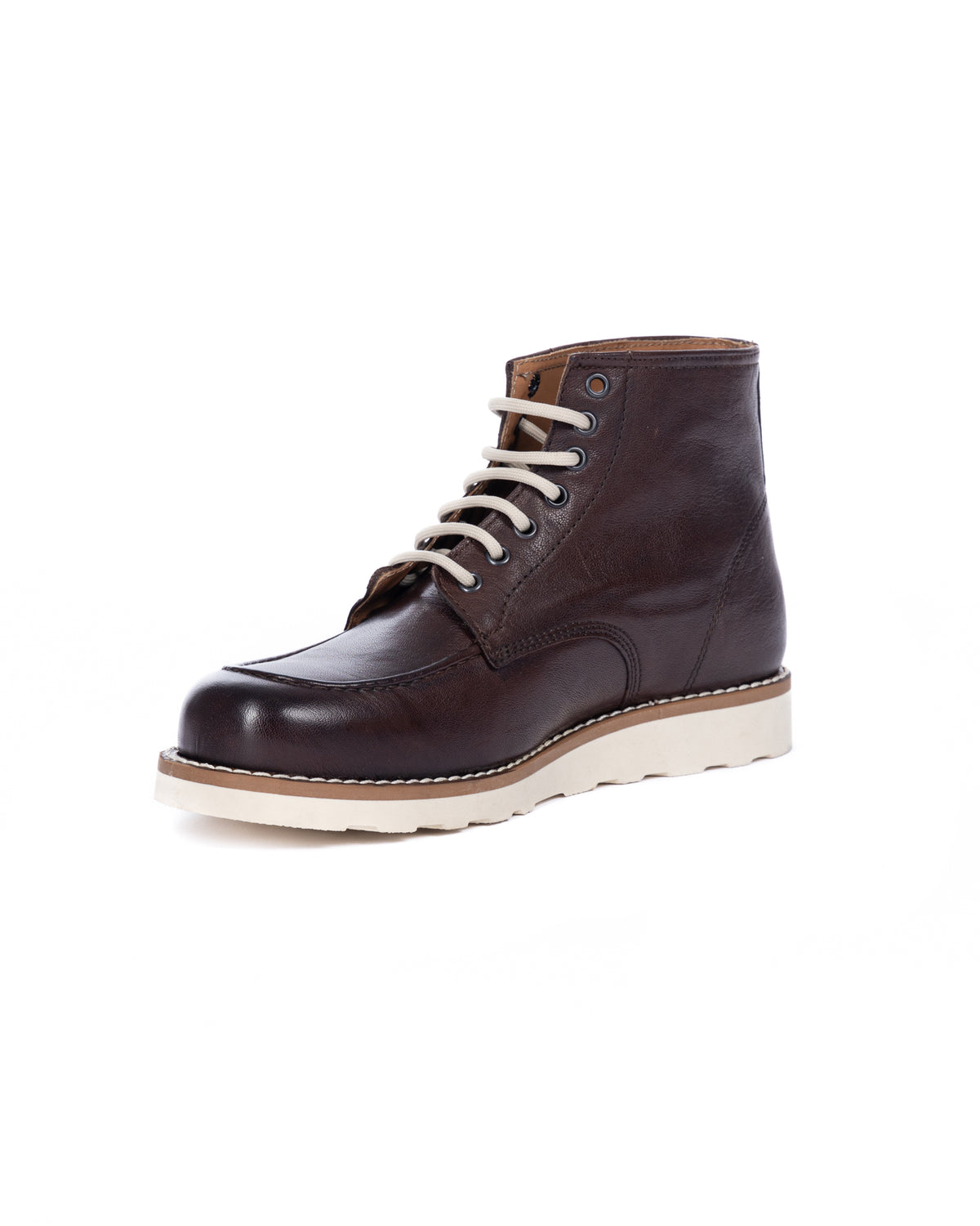 Dark brown leather lace-up ankle boot with white sole, cream laces, and moc toe design.