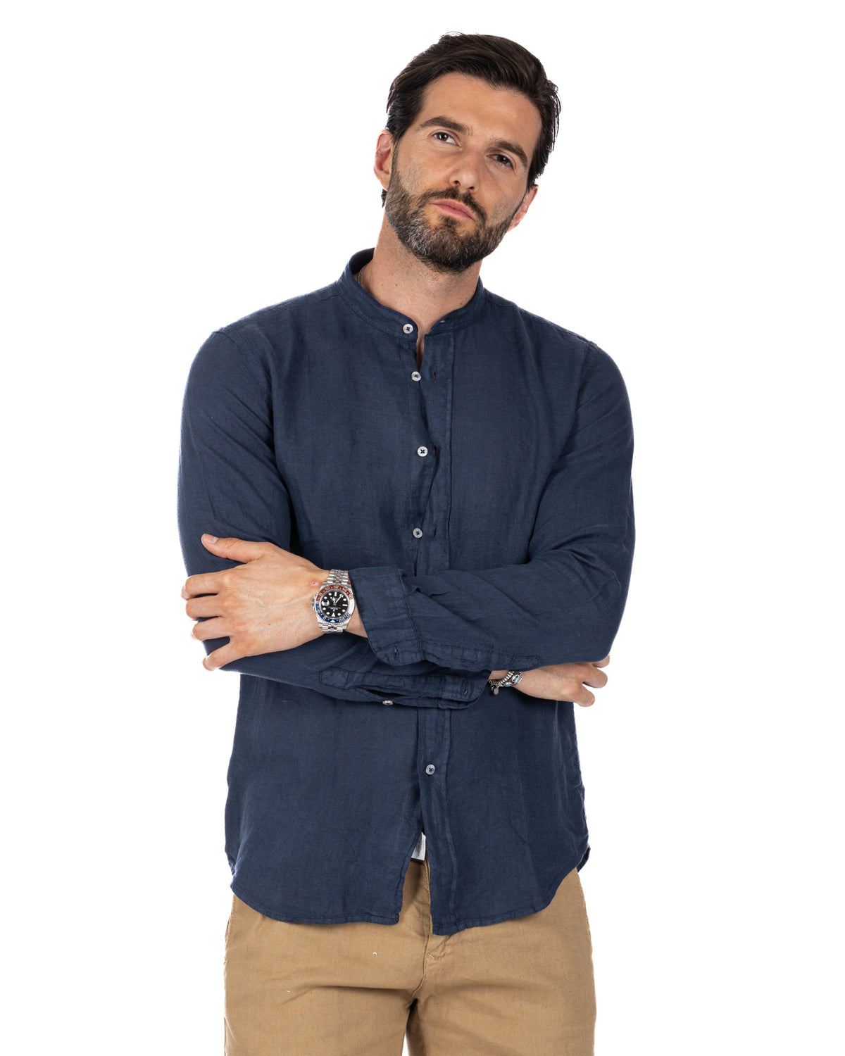Nizza - Korean shirt in pure blue linen