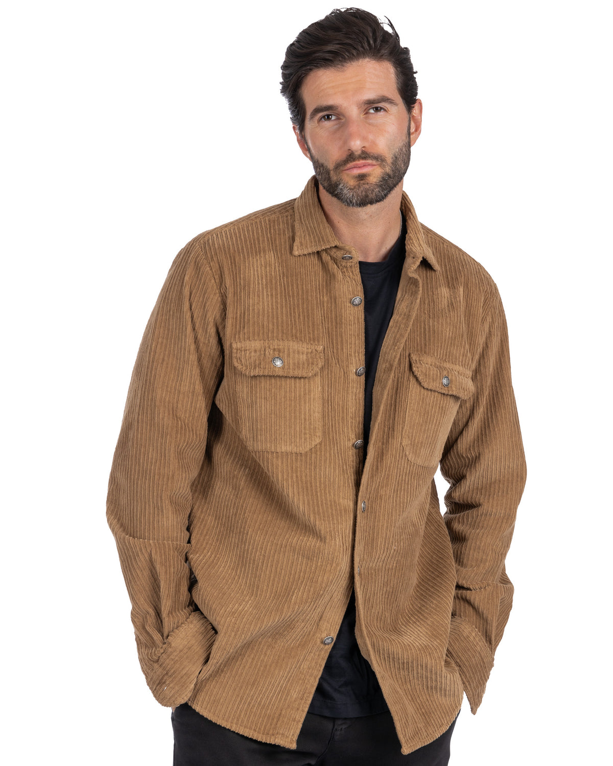 Men's tan corduroy button-up shirt jacket with chest pockets, relaxed fit, long sleeves.