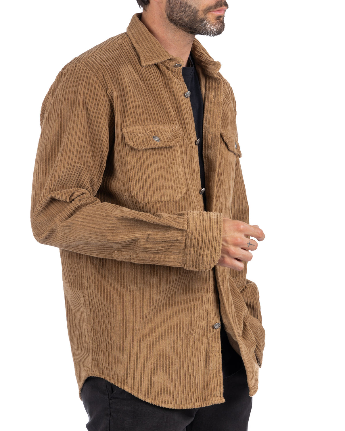 Men's tan corduroy button-up shirt jacket with chest pockets, long sleeves, and relaxed fit.