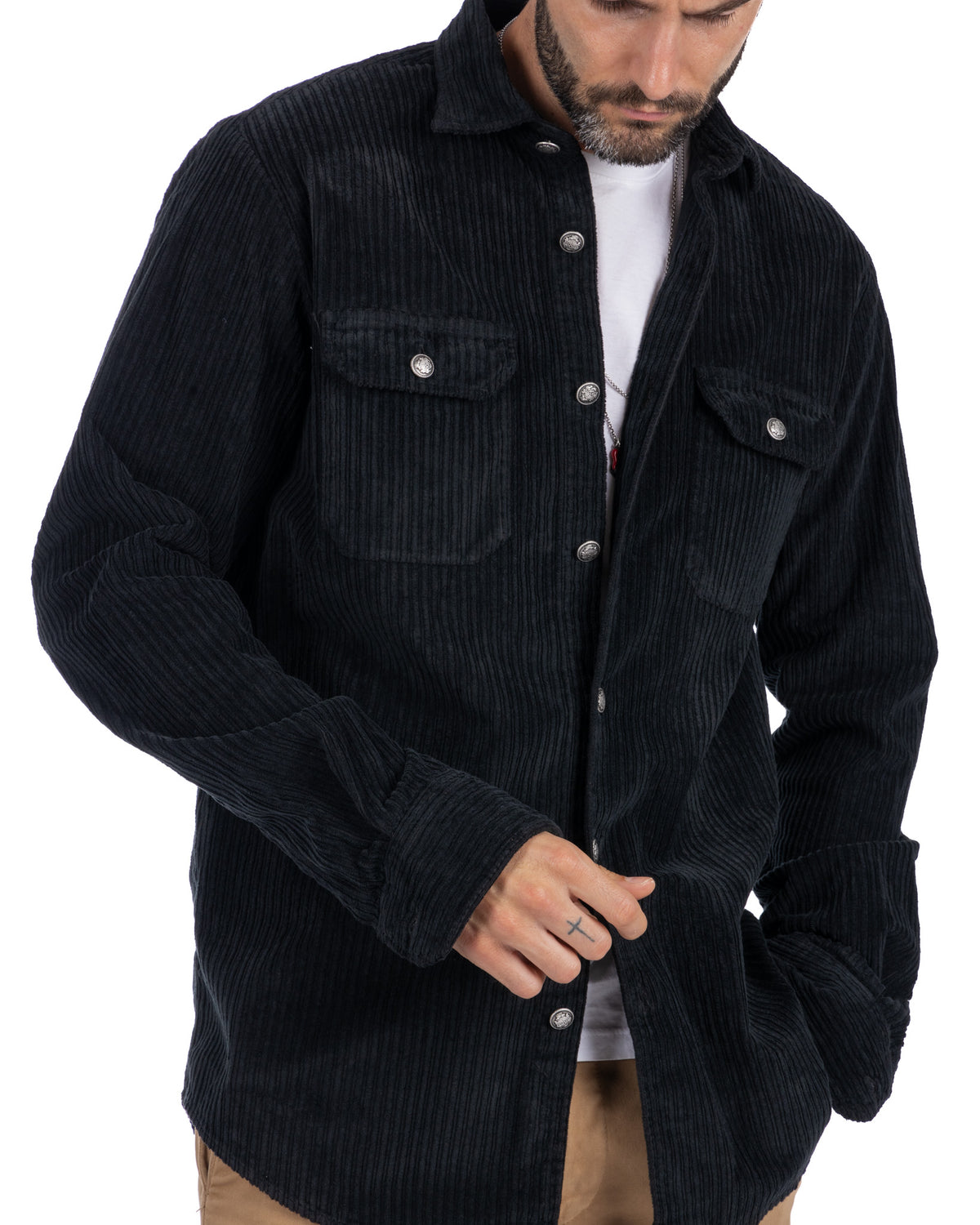 Black corduroy button-up shirt jacket with chest pockets, silver snap buttons, and long sleeves. Men's casual overshirt style