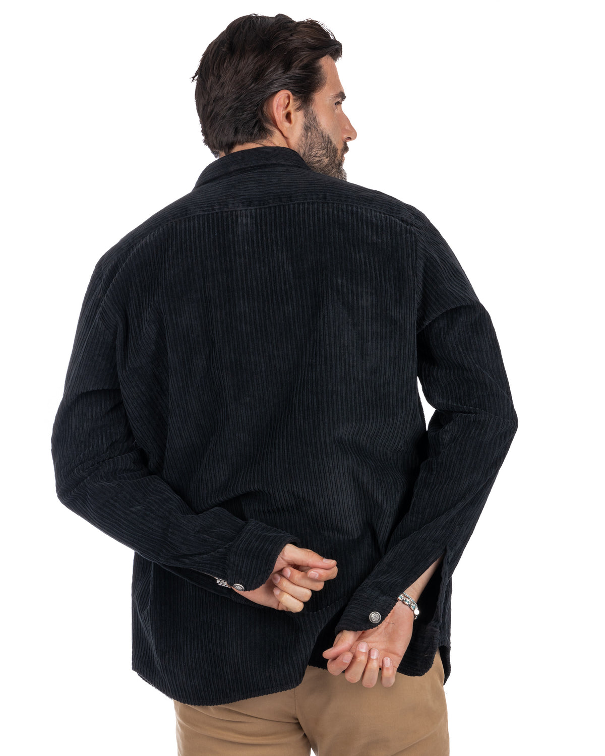 Black corduroy shirt jacket for men, long sleeve button-up overshirt with ribbed texture, back view