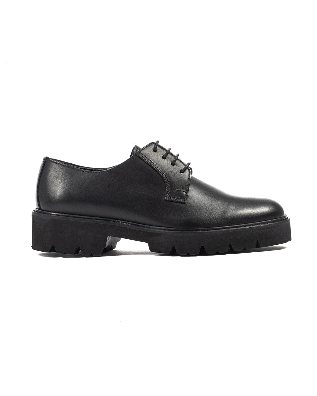 Black leather lace-up platform oxford shoe with chunky lug sole, sleek formal design for women