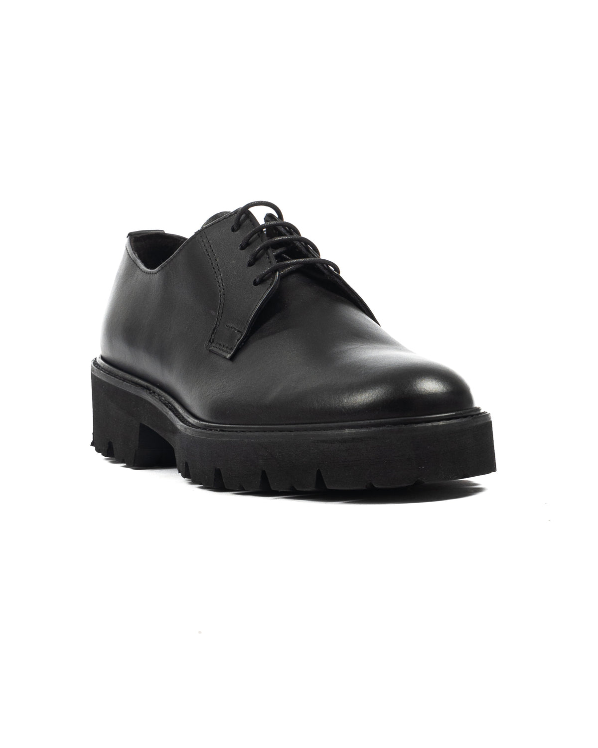 Black leather lace-up platform shoe with chunky lug sole, sleek Derby style for men and women.