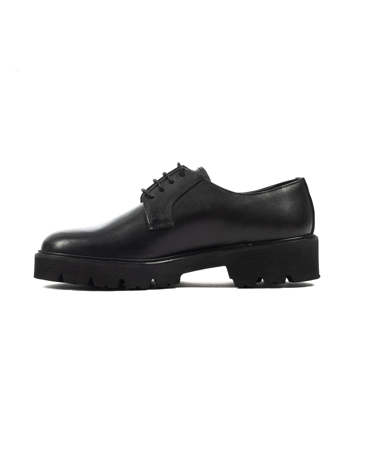 Black leather lace-up Derby shoe with chunky lug sole, sleek round toe, and minimalist design for men.