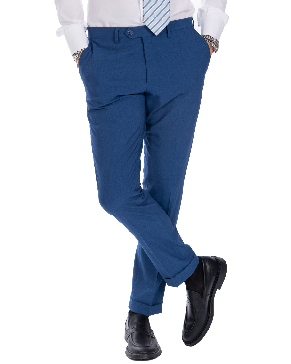 Men's slim fit blue dress pants, tailored wool blend suit trousers with cuffed hems for formal business wear.