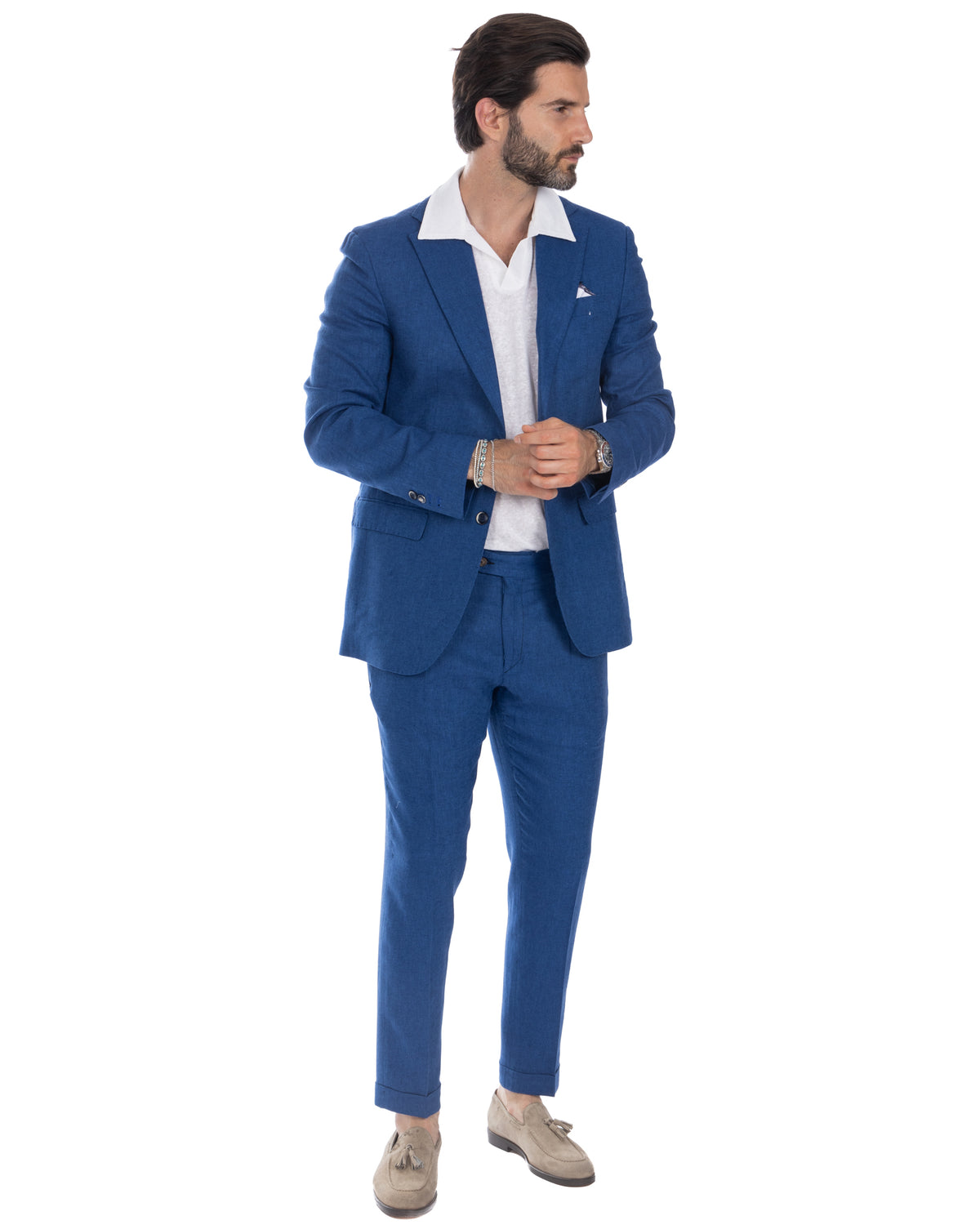 Men's blue linen suit with white polo shirt and tan suede loafers, slim fit summer formal wear