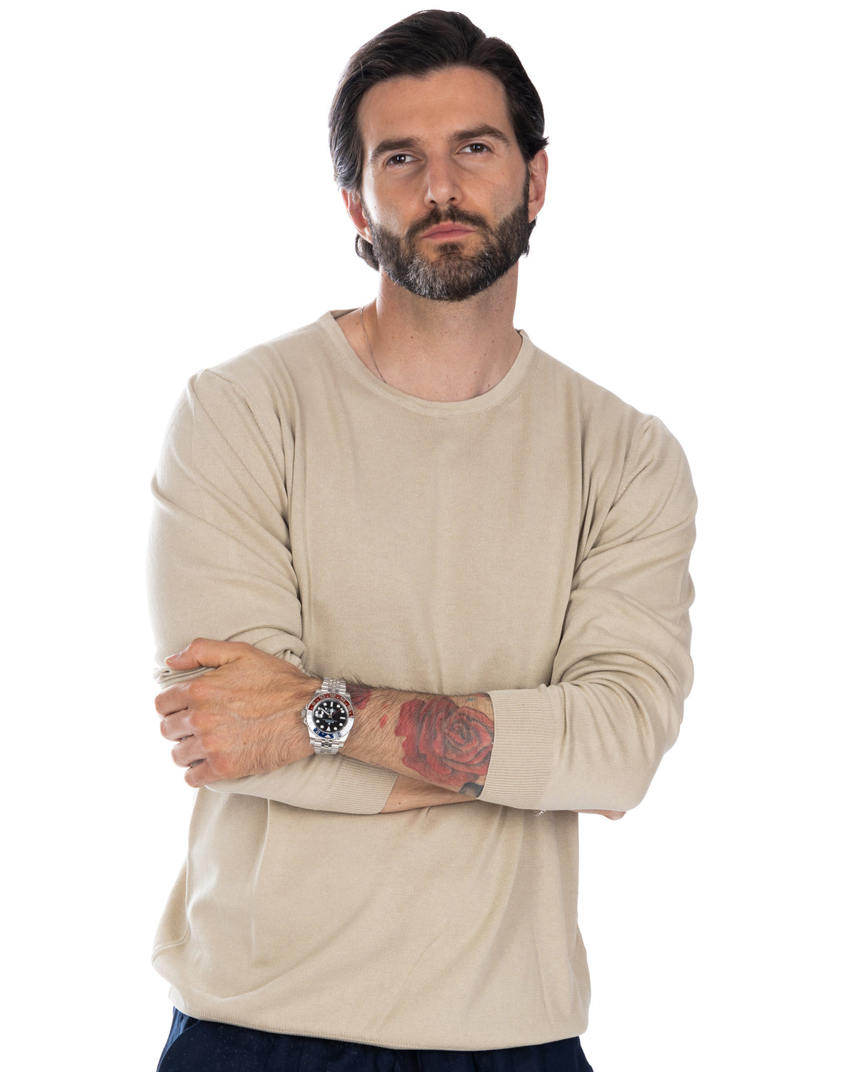 Men's beige cotton crewneck sweater, long sleeve casual knit pullover with relaxed fit