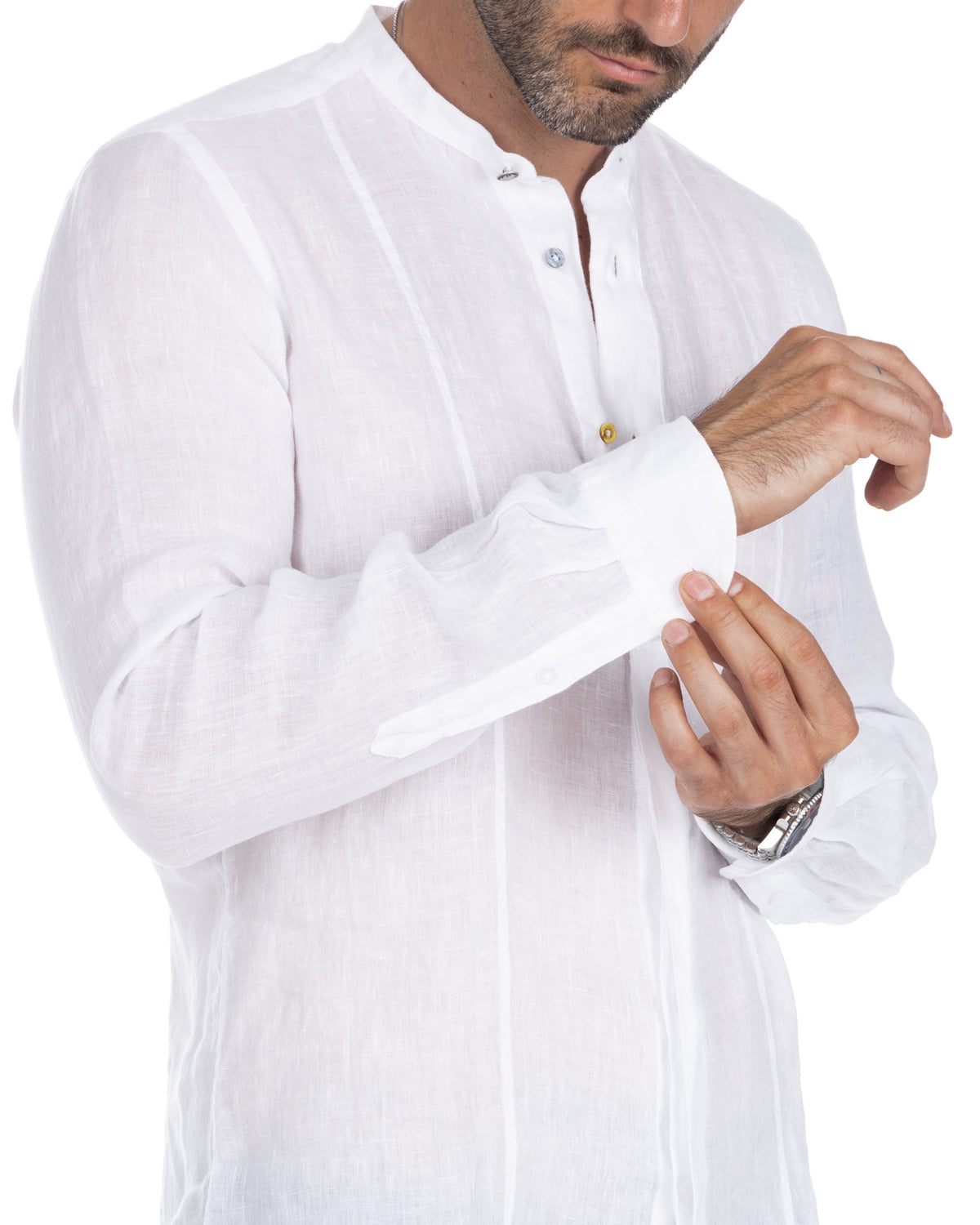 White linen men's long sleeve shirt with mandarin collar and button front, lightweight breathable fabric for casual style