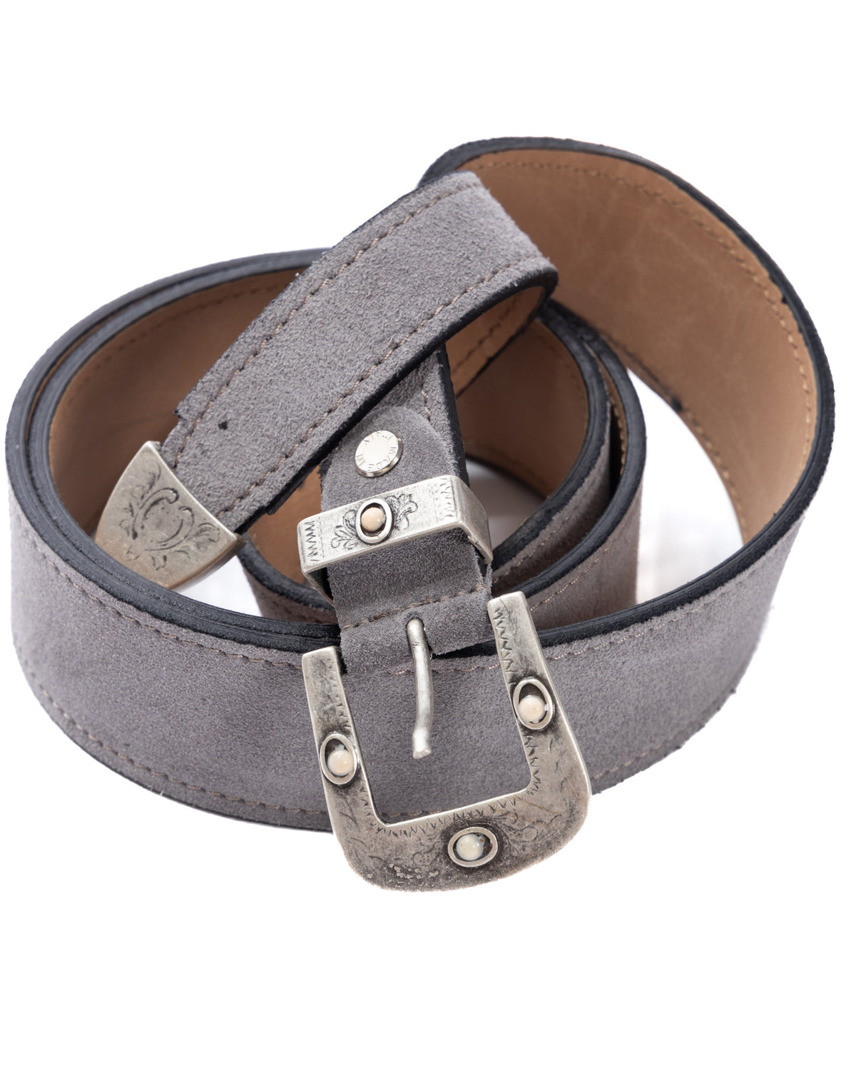 Gray suede leather belt with vintage silver-toned metal buckle, decorative studs, and brown interior lining.