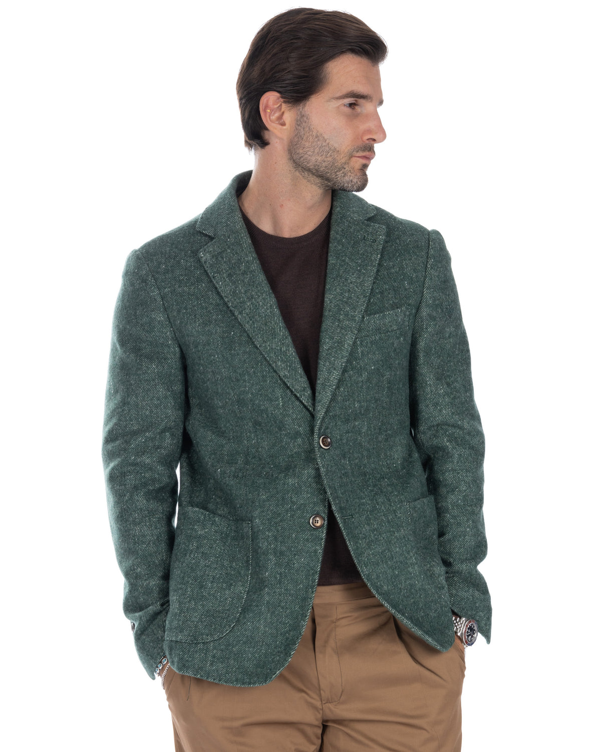 Green wool tweed blazer for men, featuring notched lapels, two-button closure, and flap pockets.