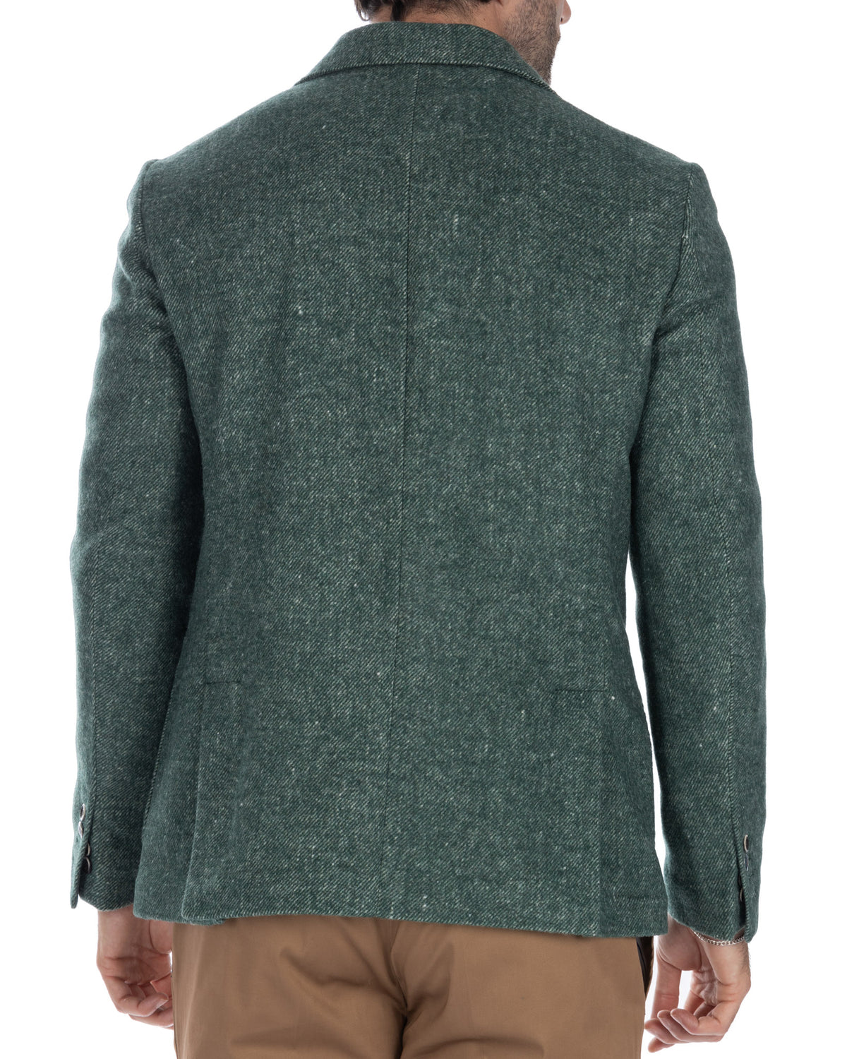 Green tweed wool blazer for men, back view. Classic tailored fit jacket with notch lapel and button cuffs.