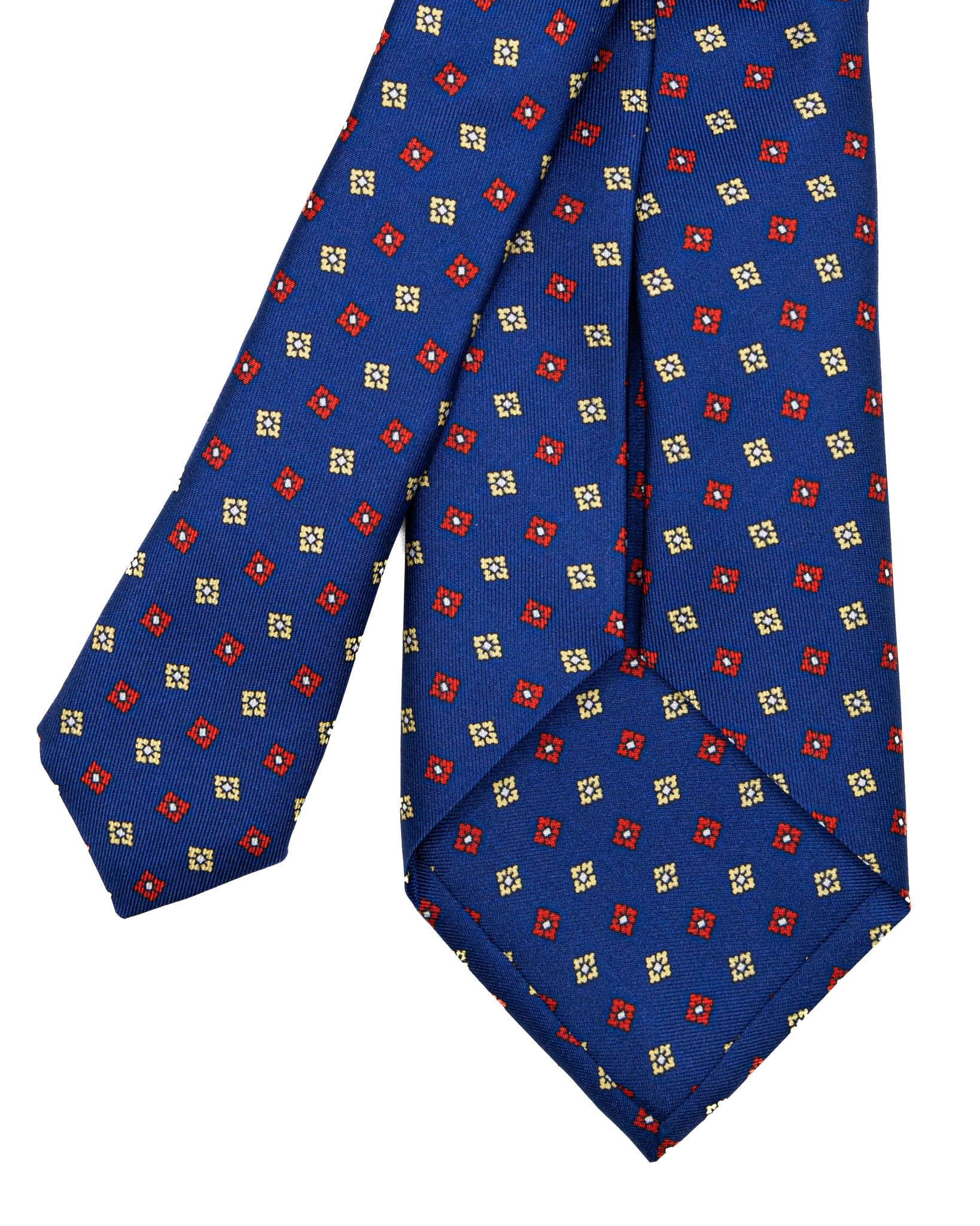 Corbata de seda de siete pliegues azul marino con estampado floral