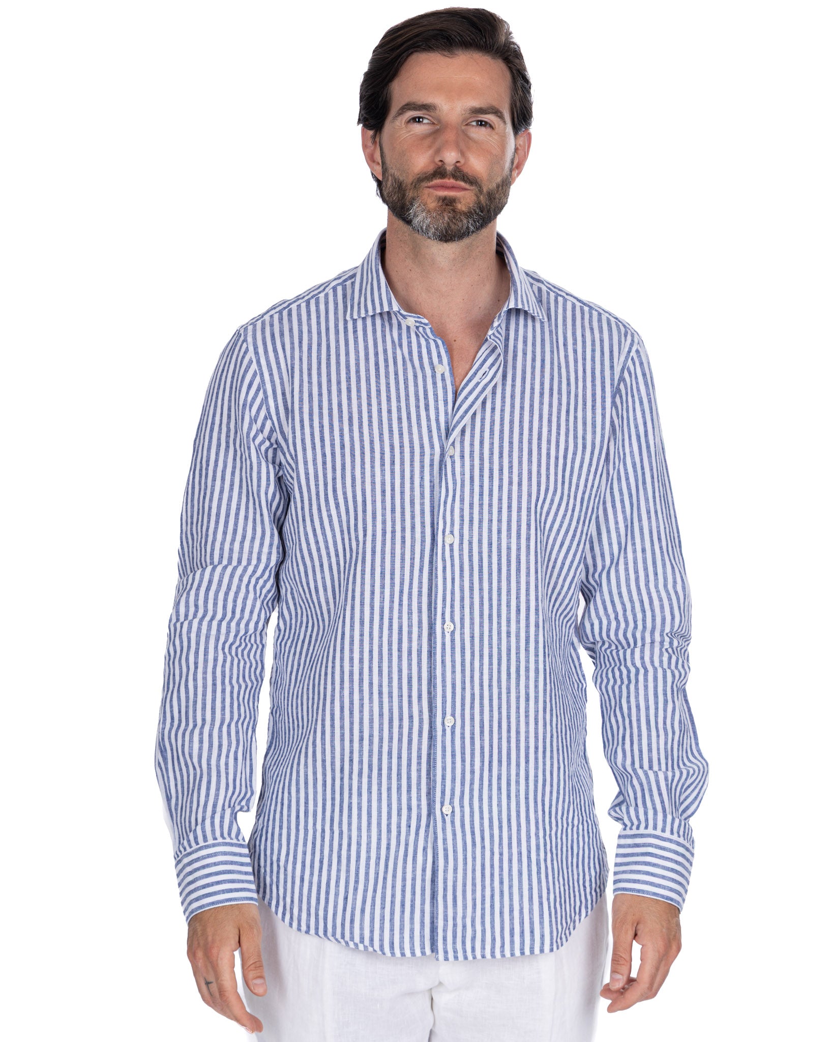 Cassis shirt in linen and cotton with blue stripes
