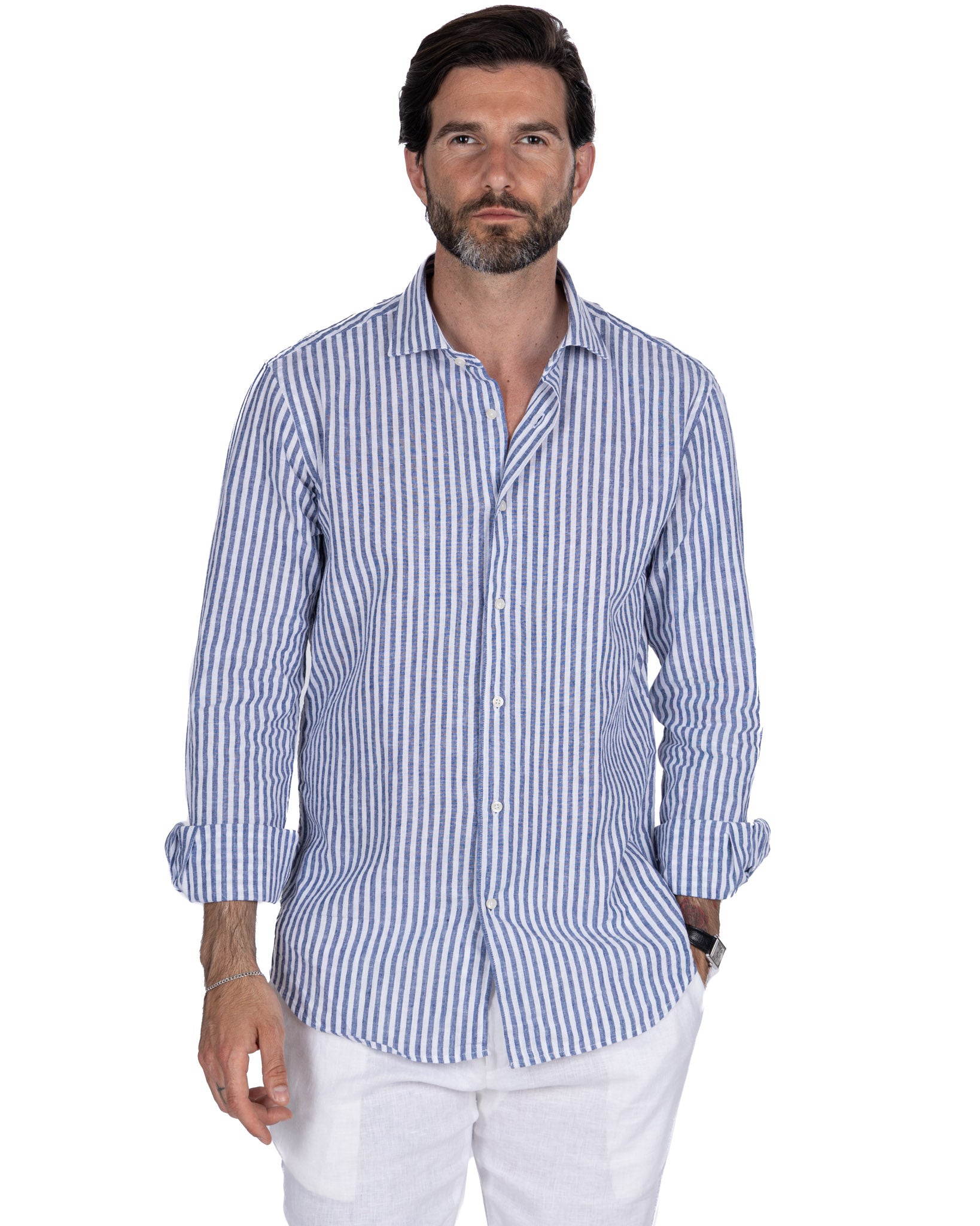 Cassis shirt in linen and cotton with blue stripes