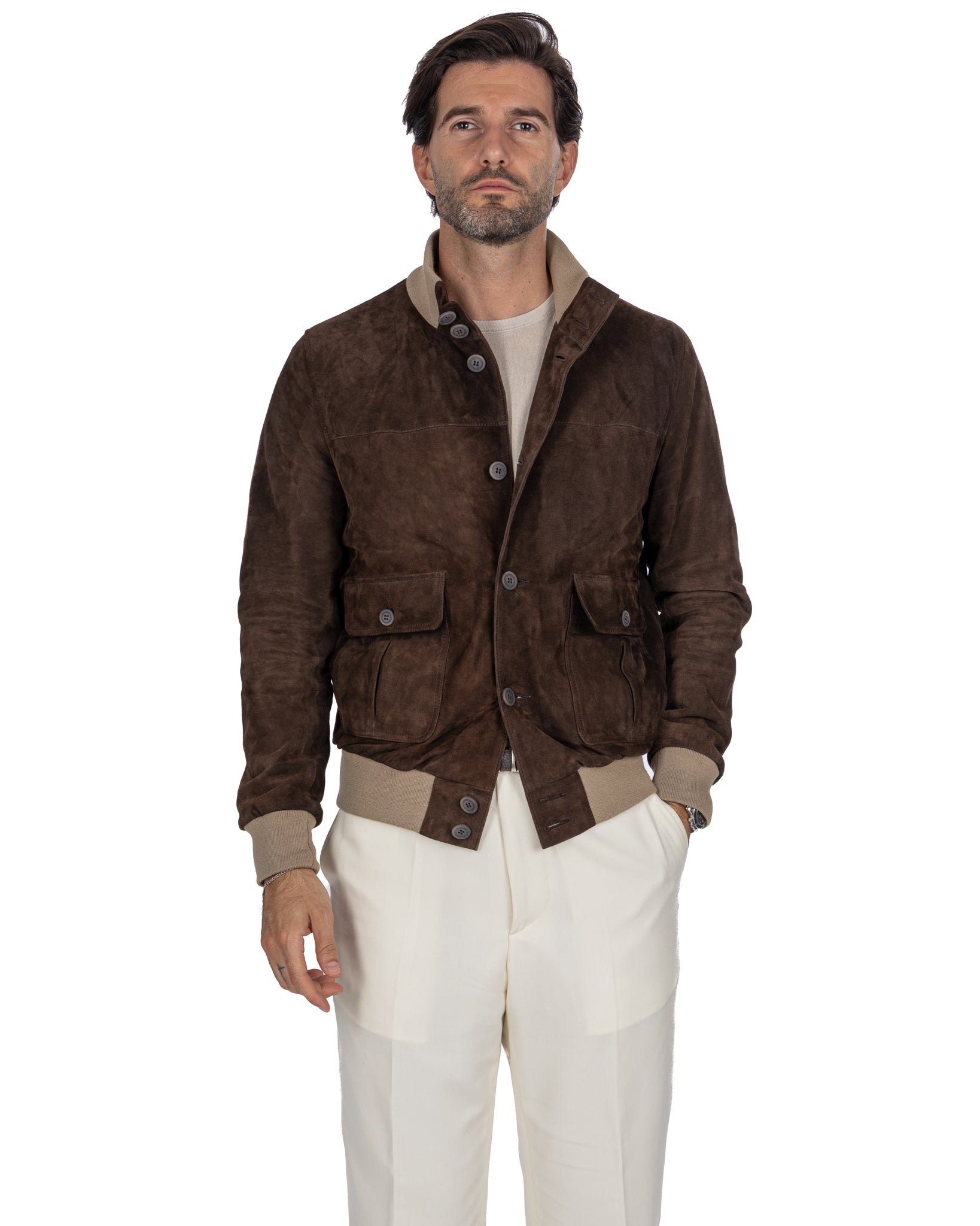Dark Brown Suede Button Bomber Jacket