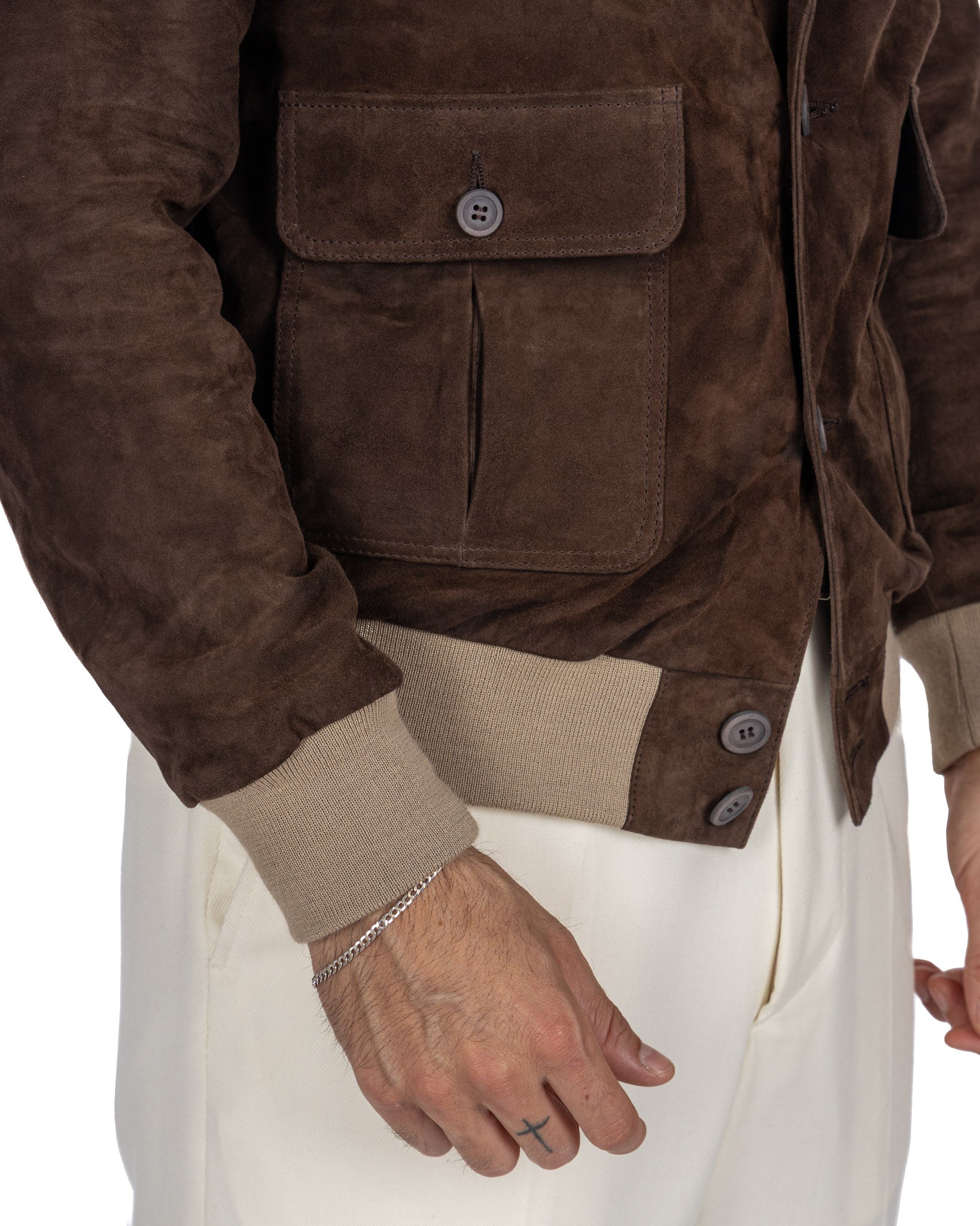 Dark Brown Suede Button Bomber Jacket