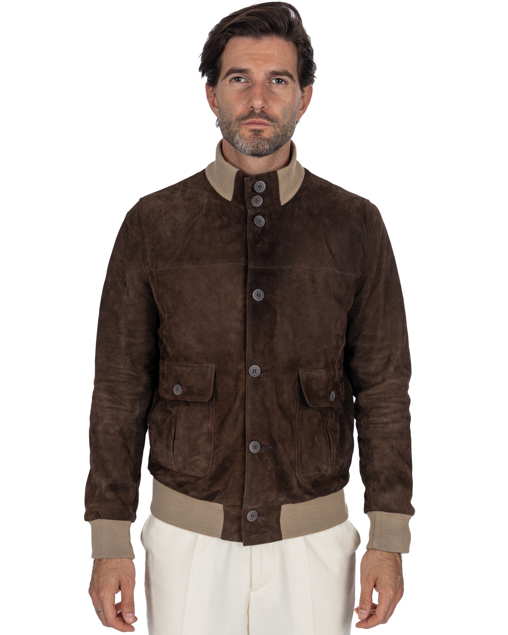 Dark Brown Suede Button Bomber Jacket