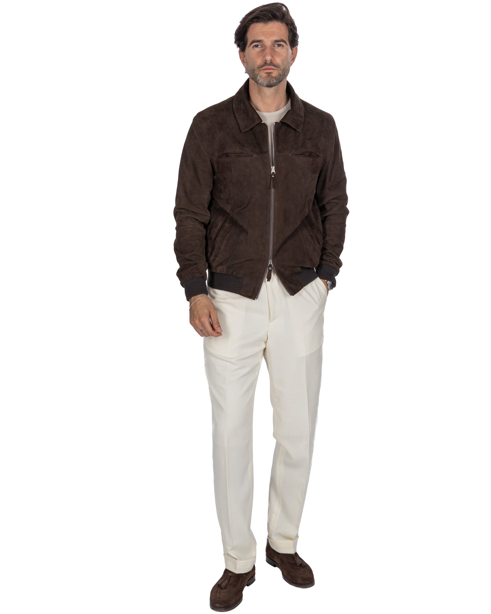 Chaqueta de gamuza marrón con cremallera