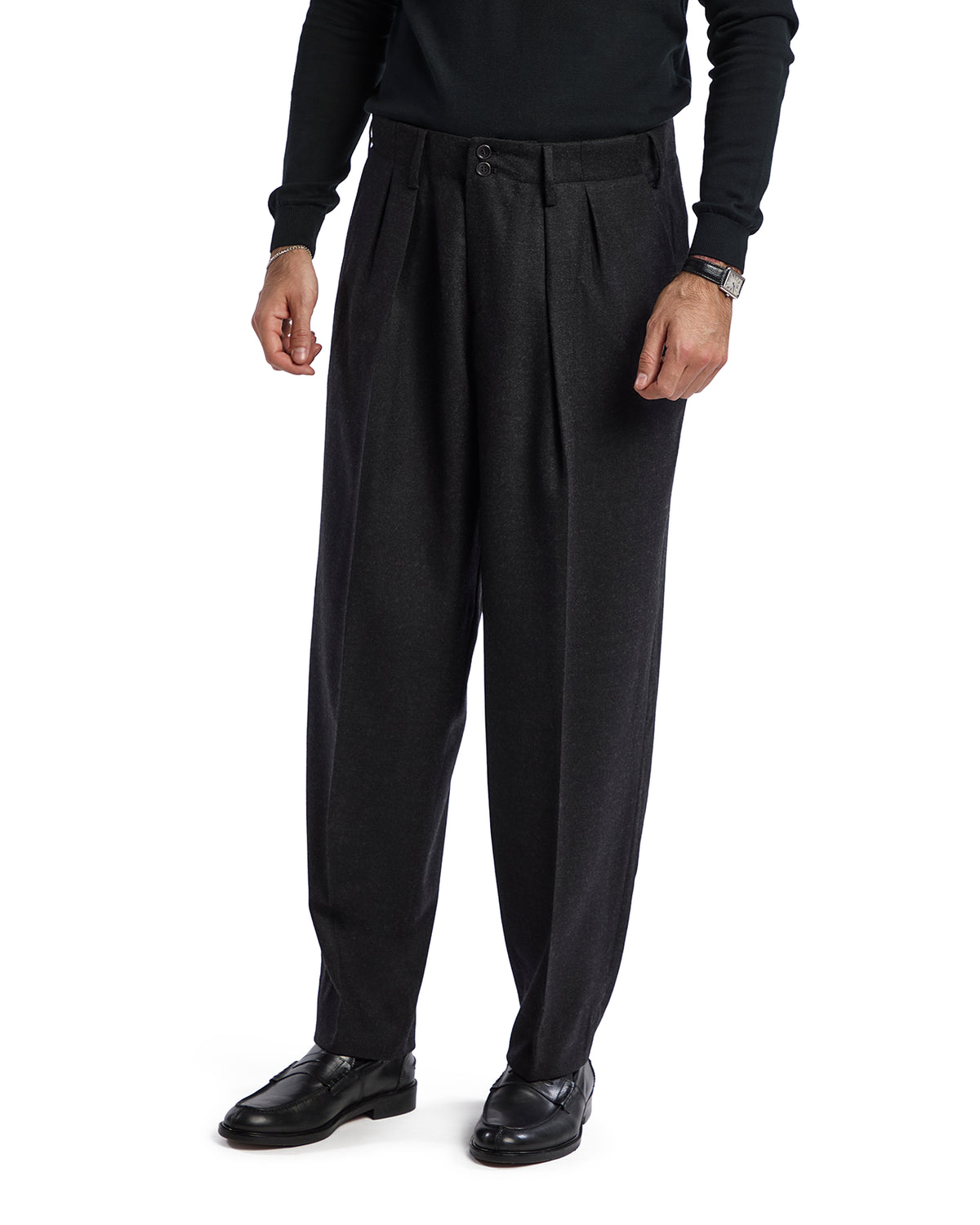 Men's charcoal gray pleated dress pants, tailored fit, made from soft wool blend, perfect for formal occasions.