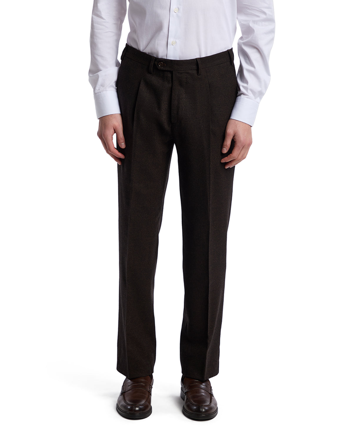 Men's dark brown wool dress pants with a tailored fit and pleats, paired with a white shirt.