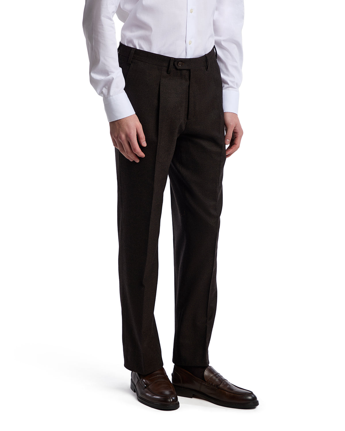 Men's dark brown wool dress pants with a tailored fit, featuring a classic flat front and side pockets.