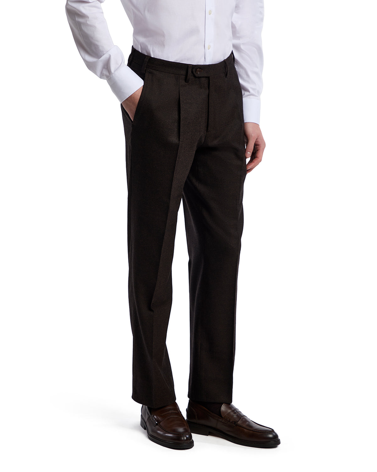 Men's dark brown tailored dress pants in premium fabric, featuring classic pleats and a modern fit style.