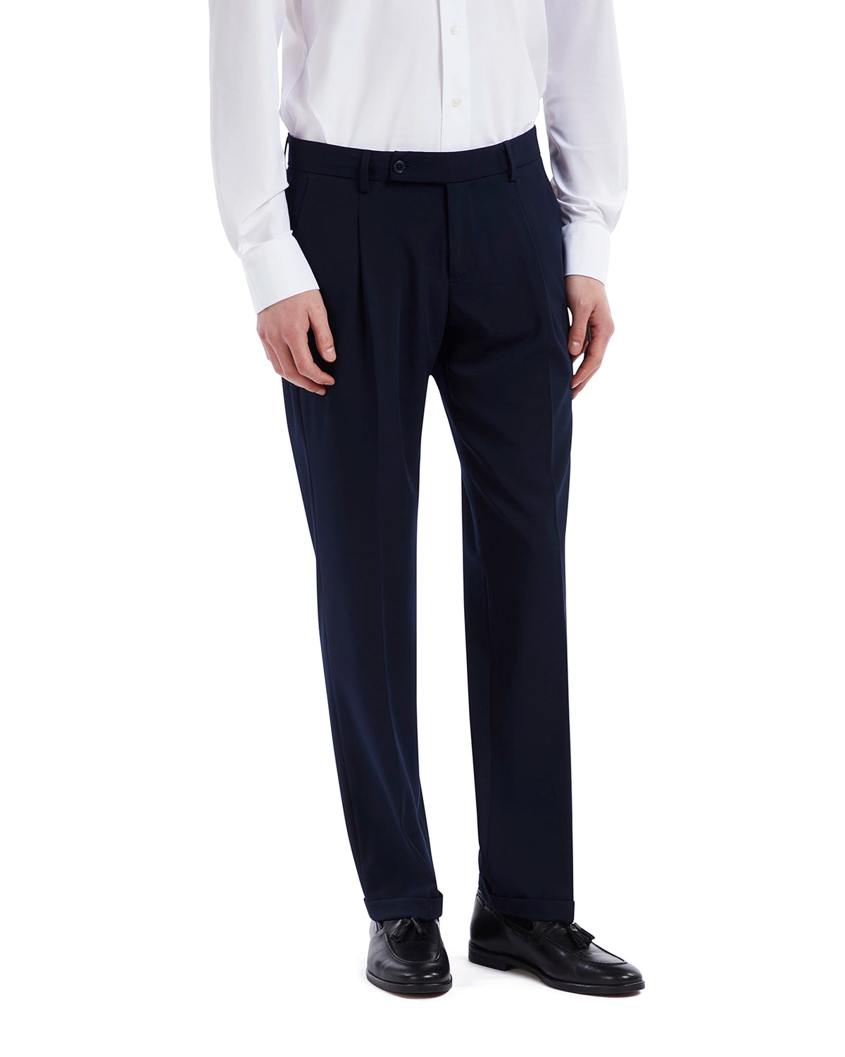 Men's navy pleated dress pants in lightweight fabric, perfect for formal occasions, paired with a white shirt.