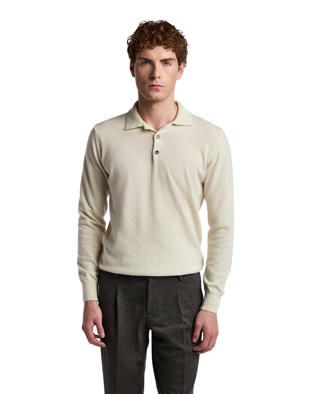 Cream-colored cashmere polo shirt for men with long sleeves and three-button placket, perfect for casual styling.