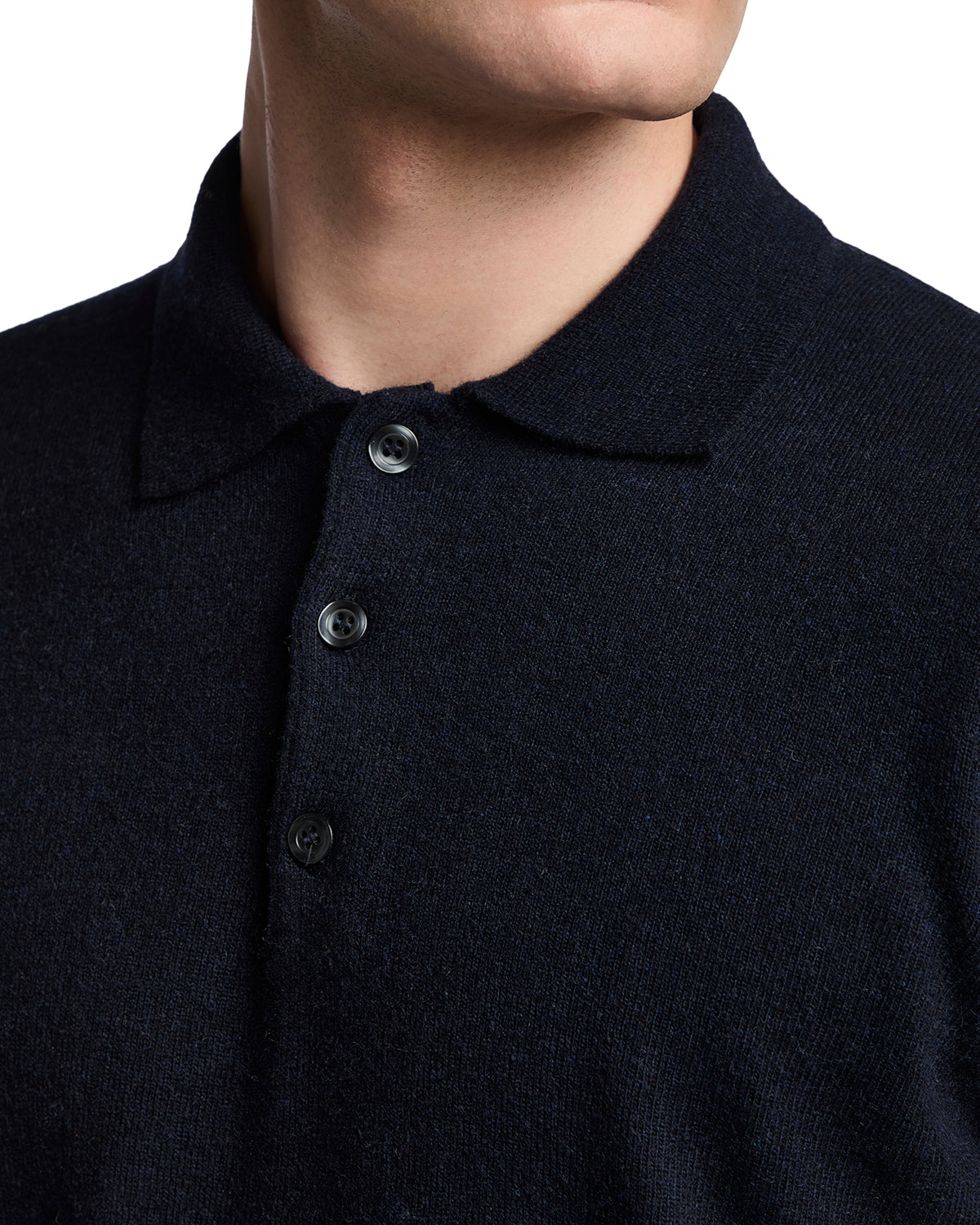 Navy blue wool polo shirt for men with a classic collar and three-button placket.