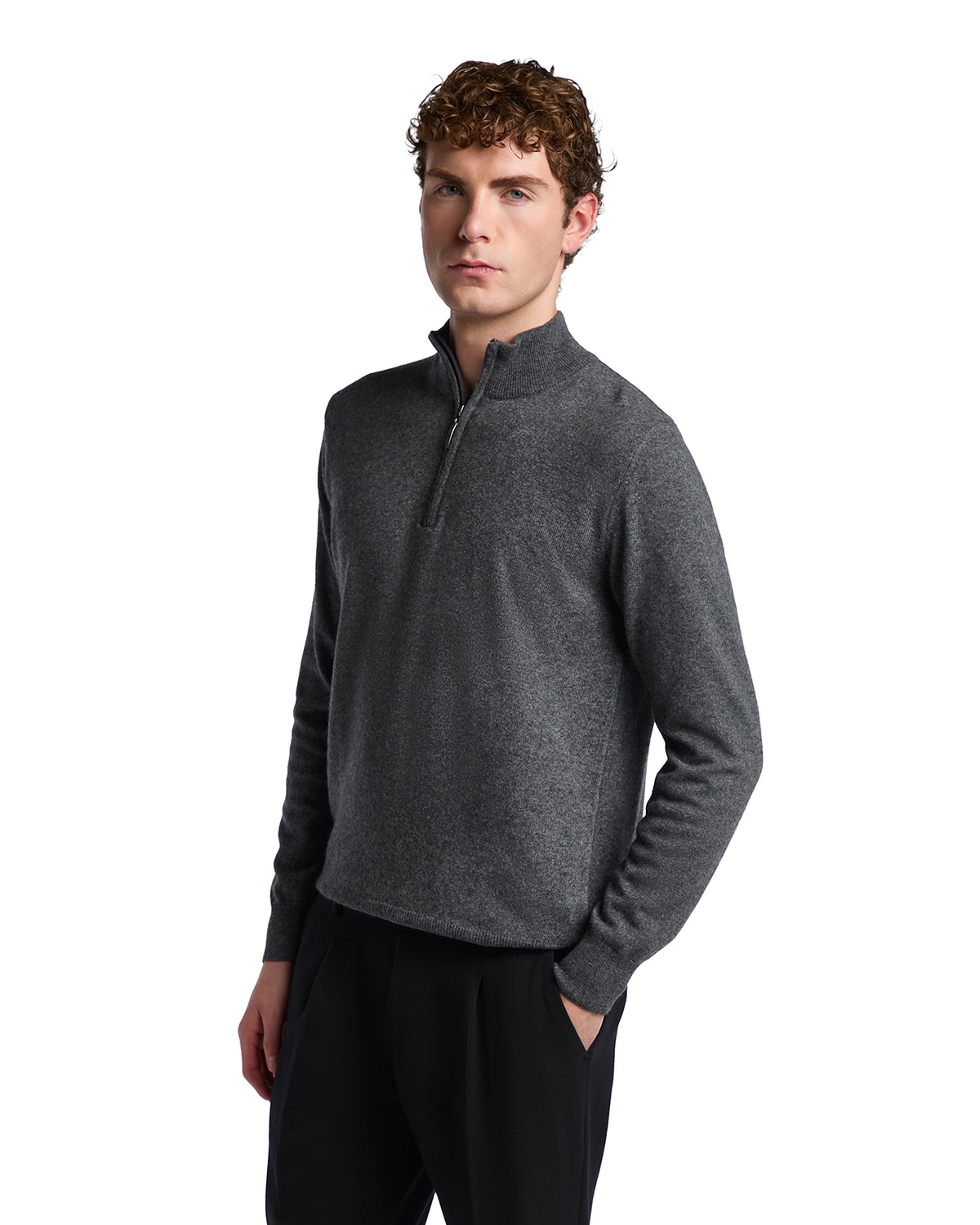 Men's charcoal gray fleece half-zip pullover in a relaxed fit, perfect for casual or sporty occasions.