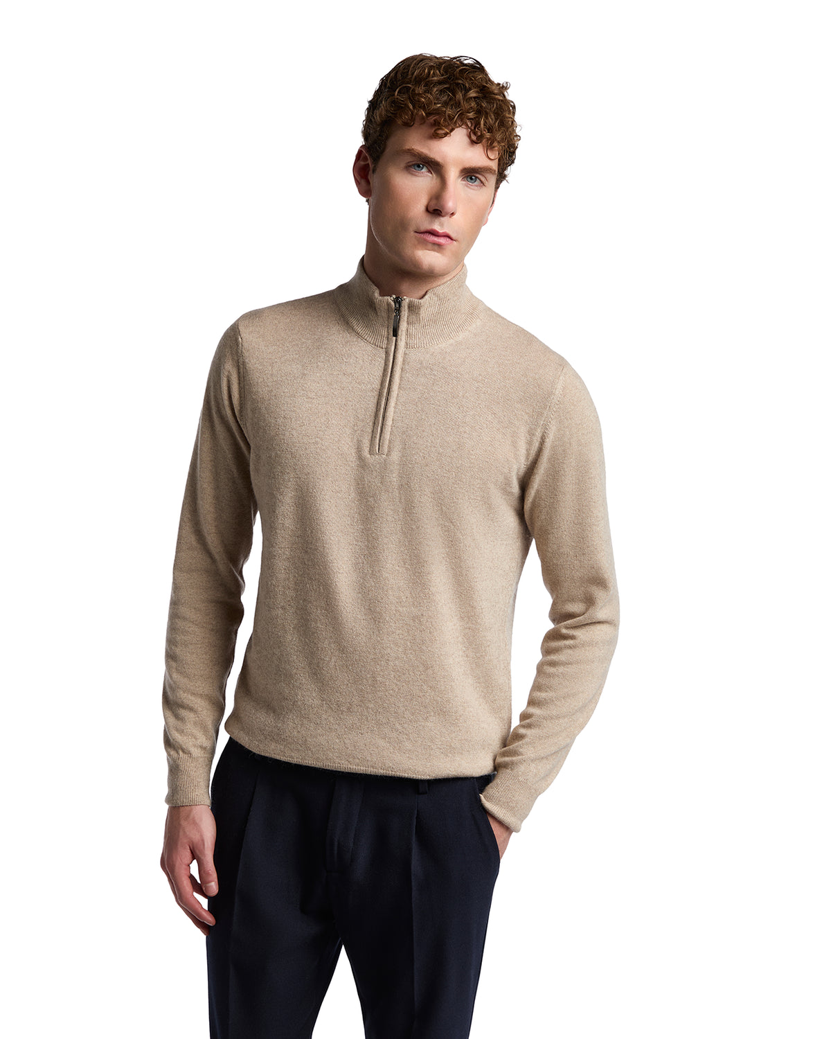 Beige half-zip sweater made of soft wool, perfect for casual or semi-formal wear. Styled with long sleeves.