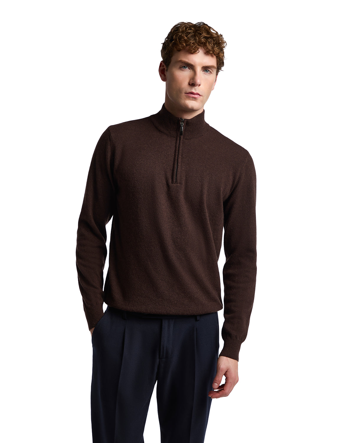 Brown zip-neck sweater in soft knit fabric, perfect for stylish layering in cooler weather.