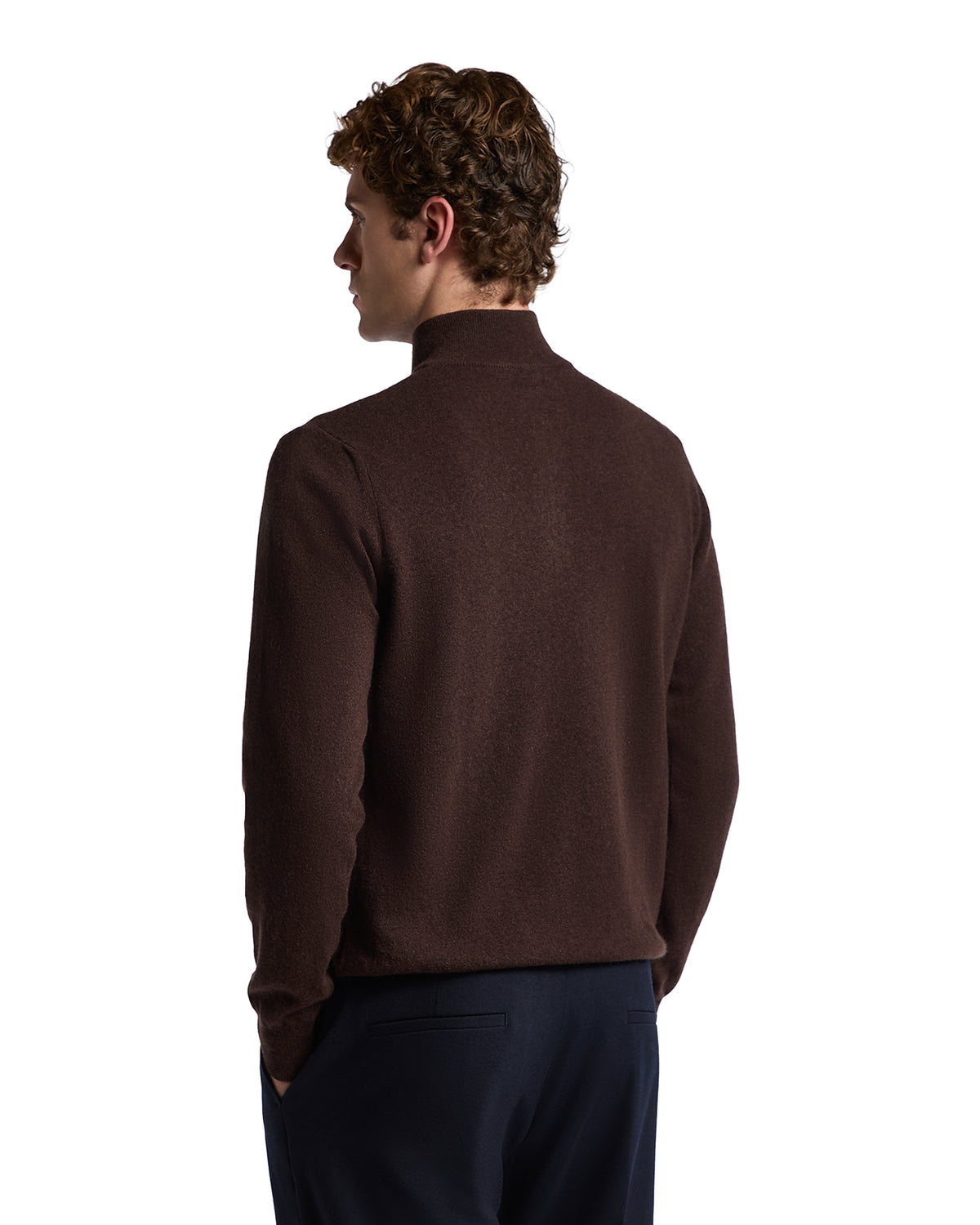 Men's brown fleece mock neck sweater, soft material, modern fit, perfect for casual or smart-casual outfits.