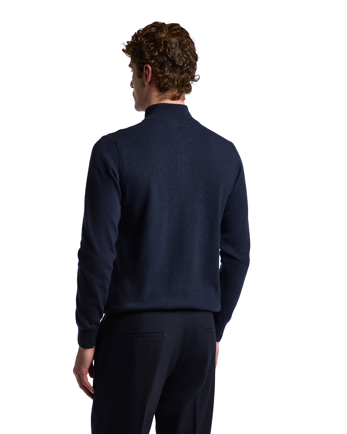 Men's navy blue wool sweater, casual style, features a high collar and ribbed cuffs, perfect for layering.