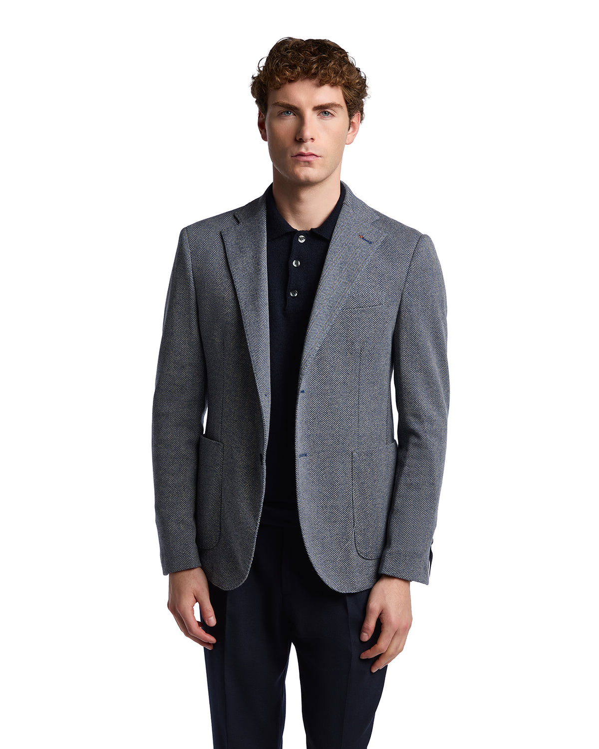 Men's tailored gray wool blazer with notch lapels and two front pockets, styled for a smart-casual look.