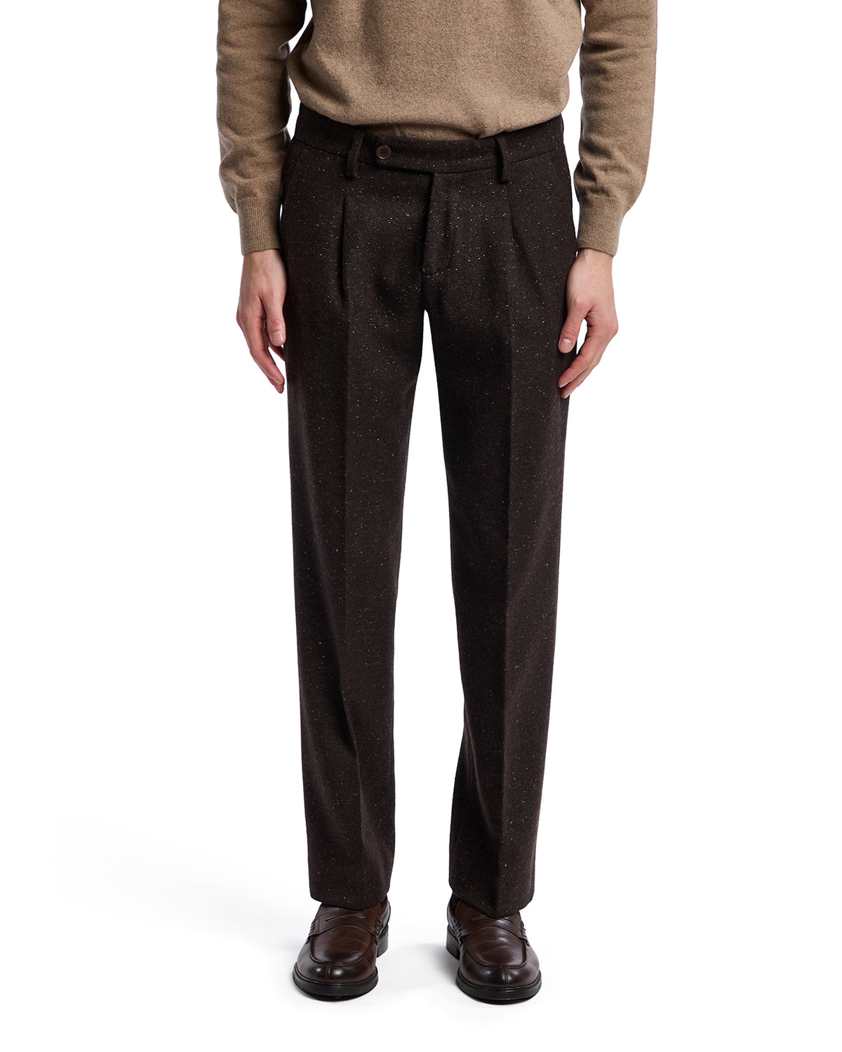 Men's brown tweed trousers with subtle speckle, tailored fit, ideal for casual or smart occasions.