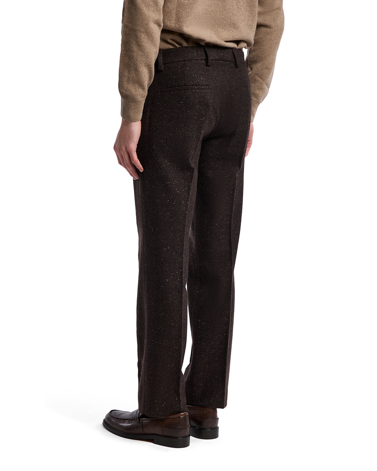 Men's brown speckled wool trousers with a tailored fit and straight legs, perfect for smart-casual occasions.