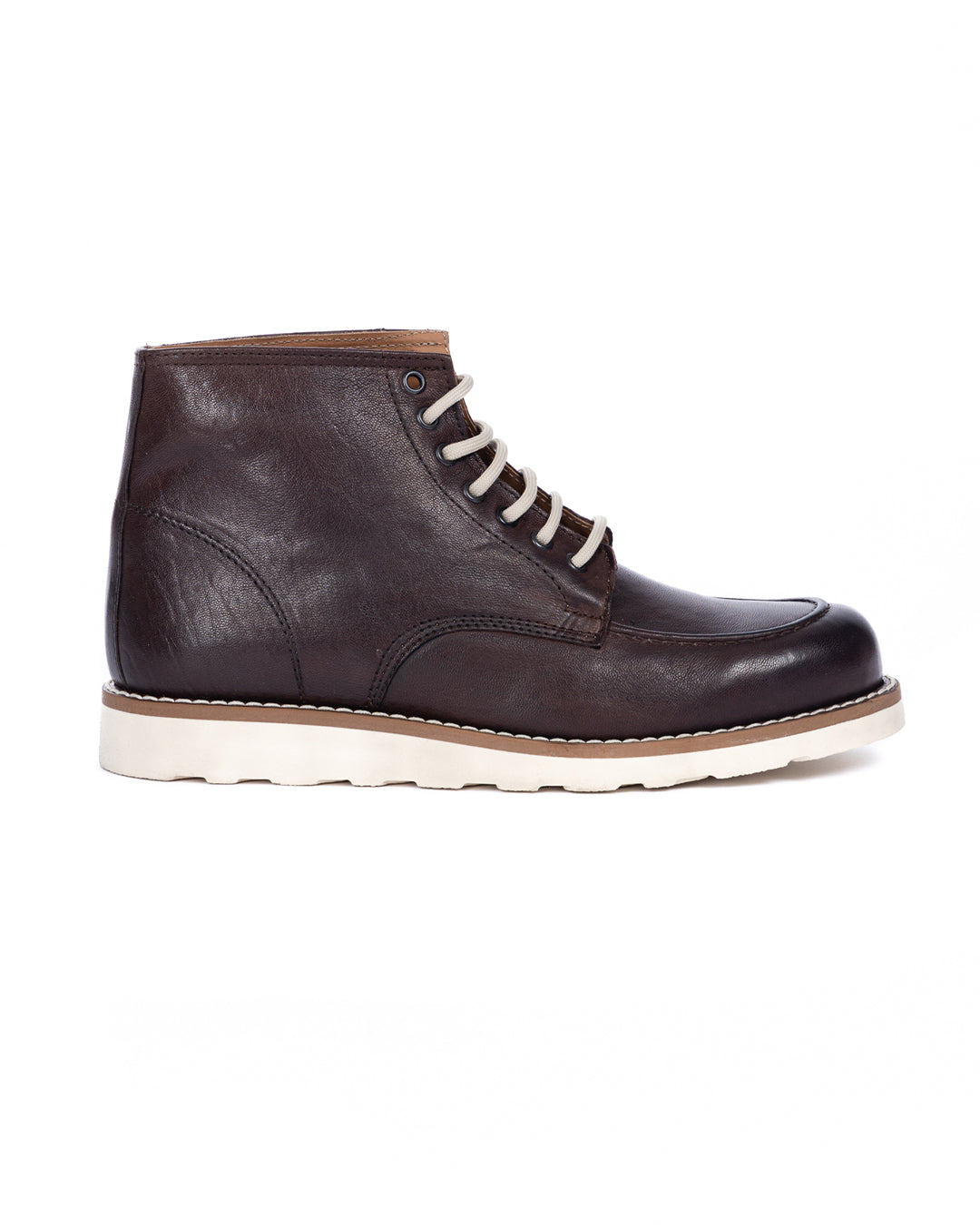 Dark brown leather men's ankle boot with white laces and cream rubber sole, lace-up work boot style