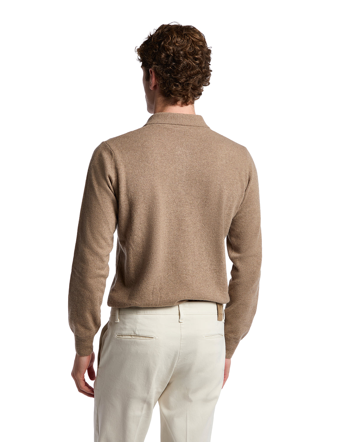 Men's tan cashmere sweater with long sleeves, relaxed fit, perfect for stylish layering in cooler weather.