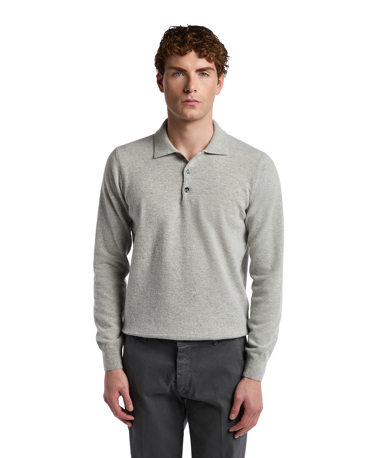 Light grey cashmere polo sweater for men with long sleeves and a classic collar. Perfect for casual or smart occasions.